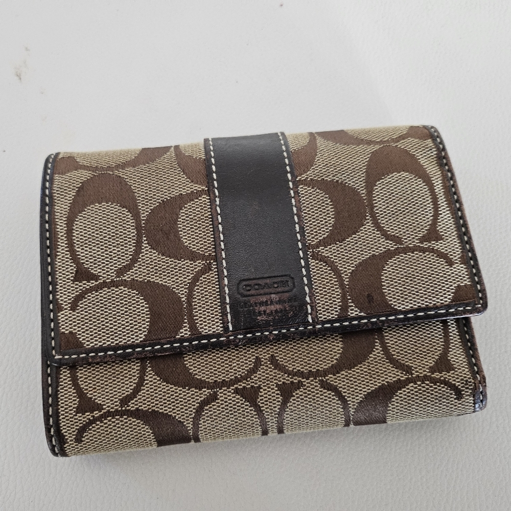 Vintage Coach Signature Canvas Leather Trim Trifold Brown Monogram Wallet - Picture 2 of 12